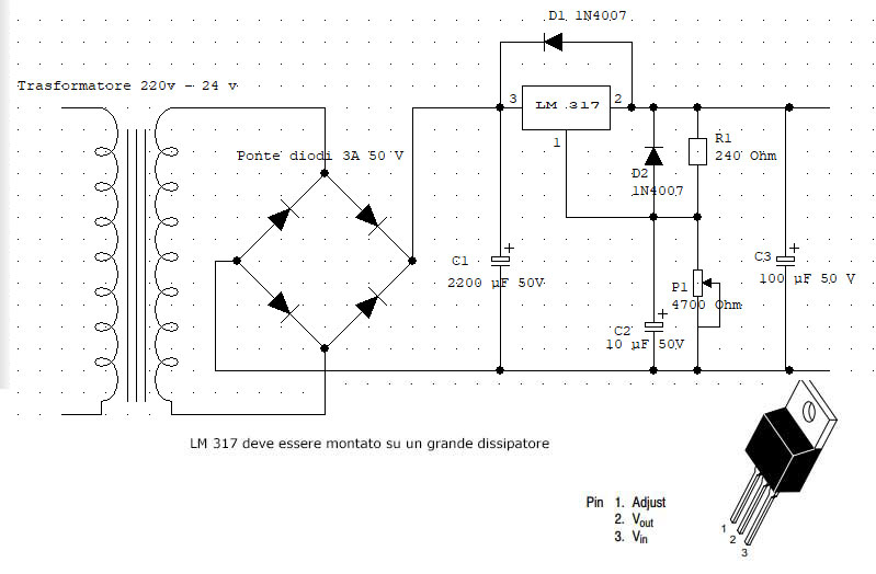 LM 317 circuito alimentatore variabile